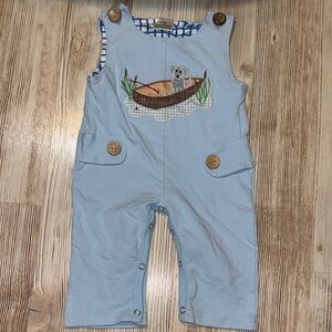 Blue Kids Overalls with dog in boat